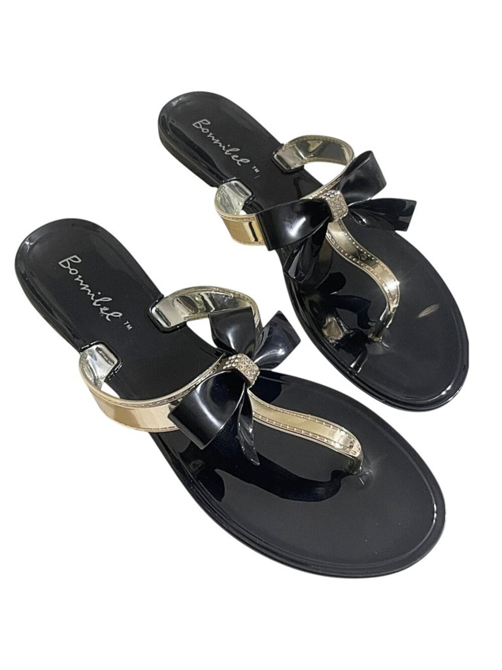 Bonnibel Jewel Bow Sandals – Gold Rhinestone Thong Flats | Women’s Sizes 5.5-10 - Picture 2 of 7